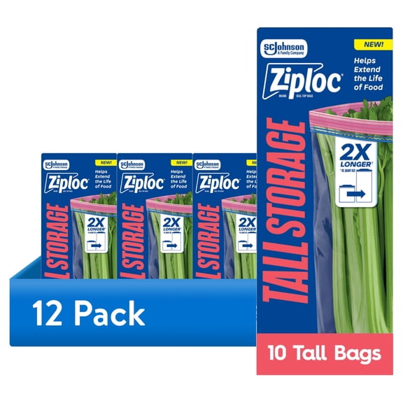 (12 pack) ZiplocĀ® Brand Tall Storage Bags, Seal Top Closure, 10 Count