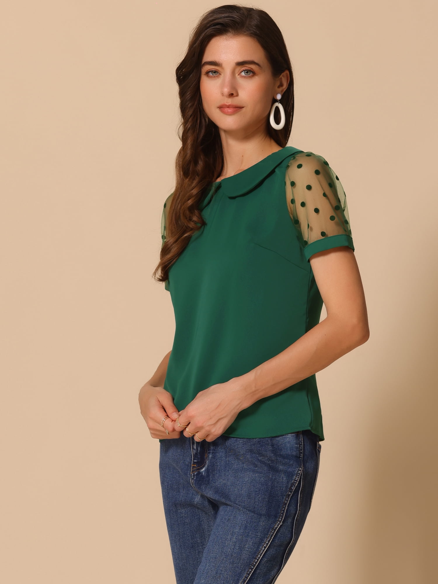 DARING DIVA Women's Polka Dots Mesh Peter Pan Collar Blouse XL Dark Green