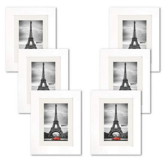 Studio 500 5 x 7 Smooth Real Wood White Tabletop or Wall Mounted Frames, Tempered Glass and a 4 x 6 Off-White Mat for Pictures