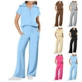 thumbnail image 2 of vigerkar Women 2 Piece Set Summer Outfits Sweatsuit Half Zip Cap Sleeve Sweatshirt Wide Leg Sweatpant Tracksuit Sets Sky Blue, XXL, 2 of 7