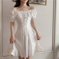 thumbnail image 5 of Women's Short Puff Sleeve Ruffle Skater Mini Dress Tie Back Shirred A Line Dresses, 5 of 7