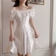 thumbnail image 5 of Mini vestido patinador con volantes y manga corta abombada para mujer con lazo en la espalda fruncido vestidos de línea A, 5 of 7