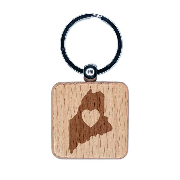 Maine State with Heart Square Keychain Charm Tag - Engraved Wood