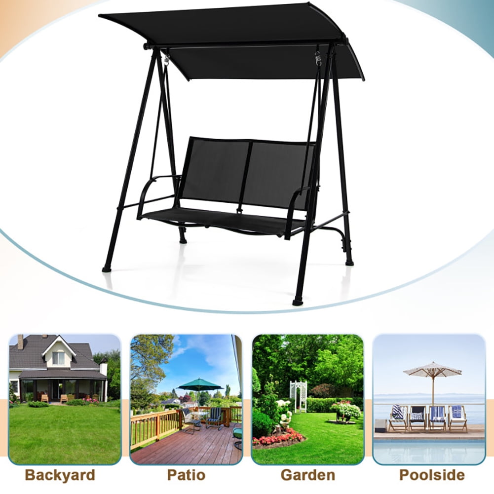 Aimee Lii 2-Seat Outdoor Canopy Swing with Comfortable Fabric Seat and Heavy-duty Metal Frame, Outdoor Swing for Adults, Black
