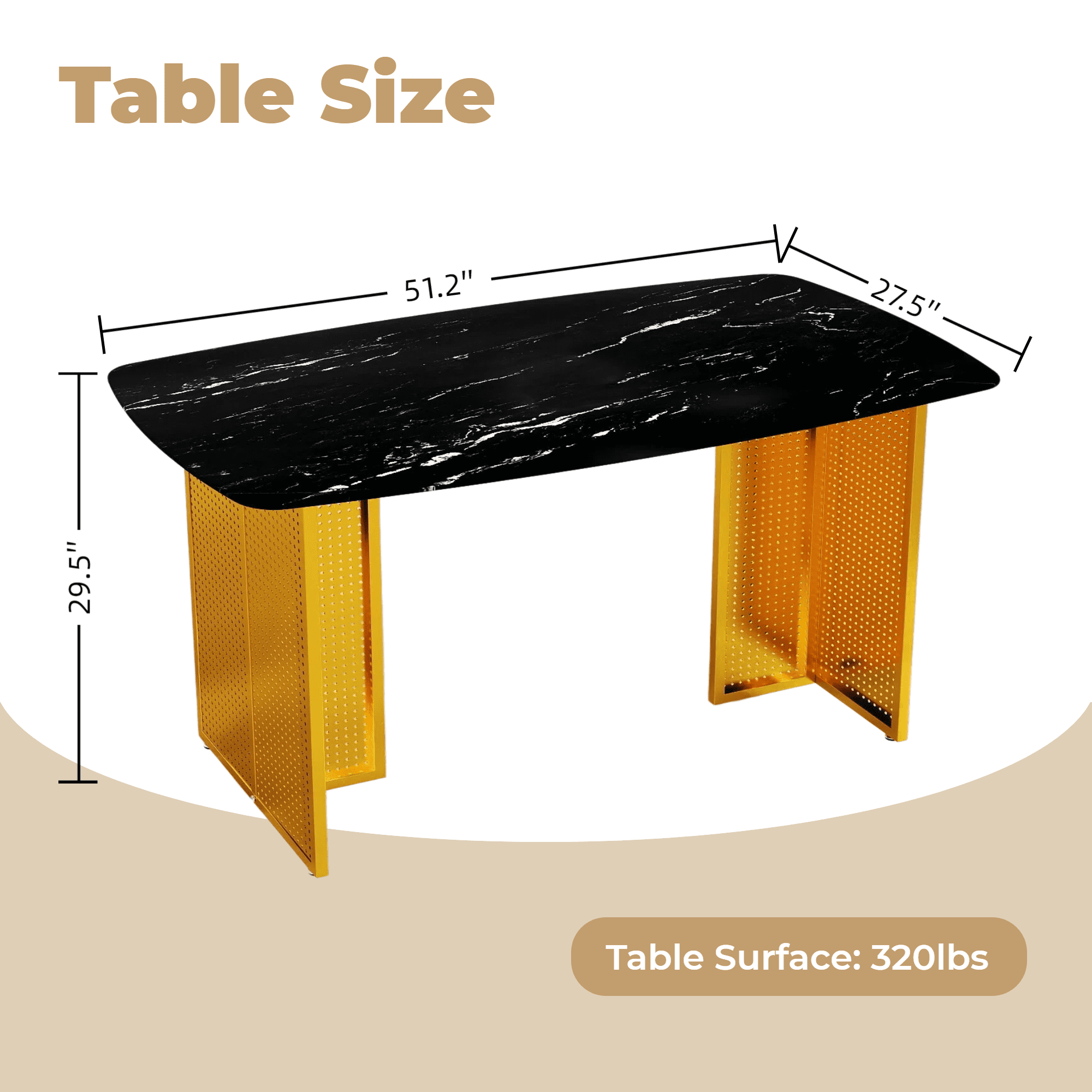 Euroco 51.2inch Glass Dining Table for 6,Rectangular Kitchen Table with Marble-Patterned Design and Metal Legs for Kitchen Living Room,Black