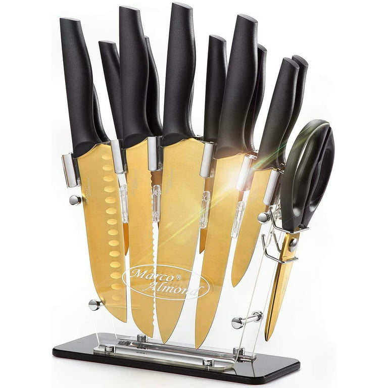 Marco Almond Kya23 14 Pieces Golden Dishwasher Safe Kitchen Knife Set  Cutlery Set With Acrylic Stand 