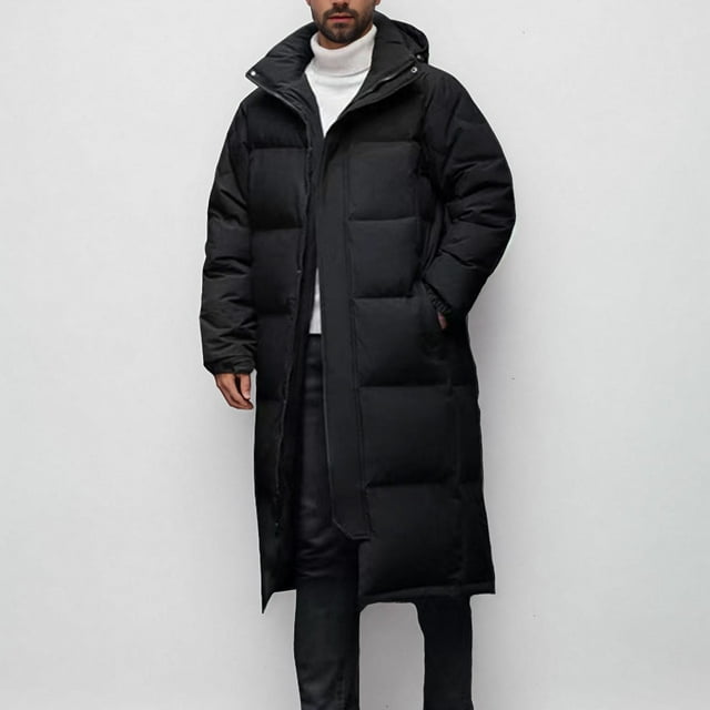 Maqroz Winter Long Quilted Jackets for Men Full Zip Hooded Jacket with Pockets Casual Loose Fitting Coat Fashion Solid Color Thermal Coats Daily Keep Warm Clothing