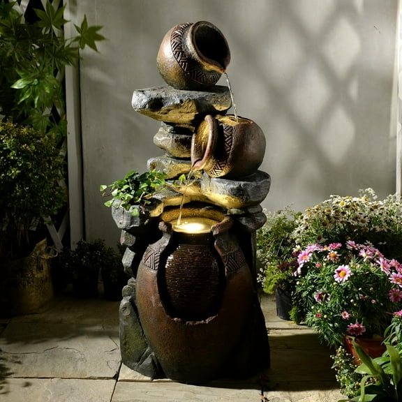 Garden Water Fountain Outdoor Decor - 38.4" 3 Tier Standing Cascading Waterfall Outdoor Water Fountain with LED Lights & Pumps,Natural Design for Garden,Patio, Porch, Backyard, Home Art Decor