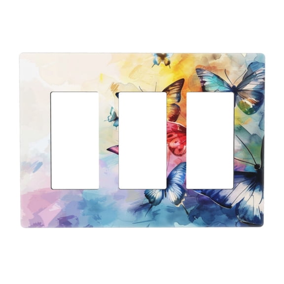 Butterfly Watercolor Switch Cover Decorative Wall Plate 3-Gang Screwless Standard Size