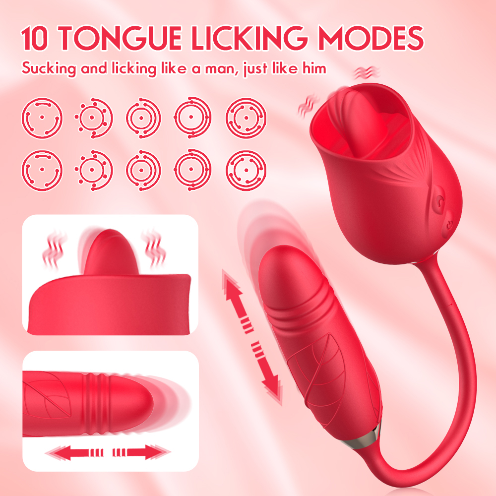 Rose Vibrator for Women, 2 in 1 Rose Vibrator with Tongue Licking and Sucking, Clit Stimulator Telescopic Vibration Sex Toys for Women Adults