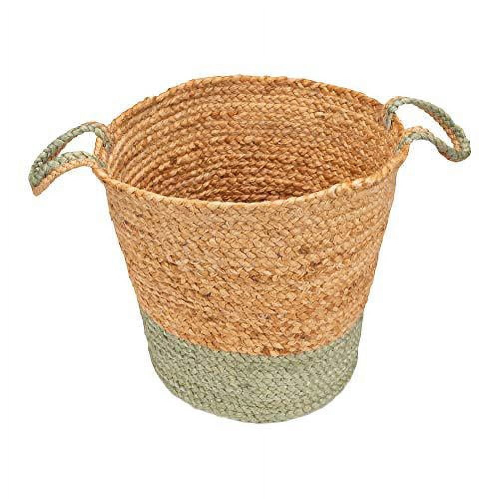 LR Home Woven Round Jute 15" Storage Basket with Handles, Natural/Seafoam Stripe