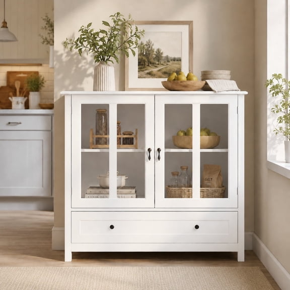 DEALTOPS Modern Sideboard Storage Cabinet with Glass Doors, Drawer and Adjustable Shelf, White