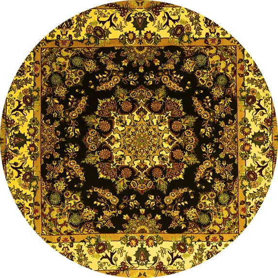 Ahgly Company Machine Washable Indoor Round Medallion Yellow Traditional Area Rugs, 4' Round