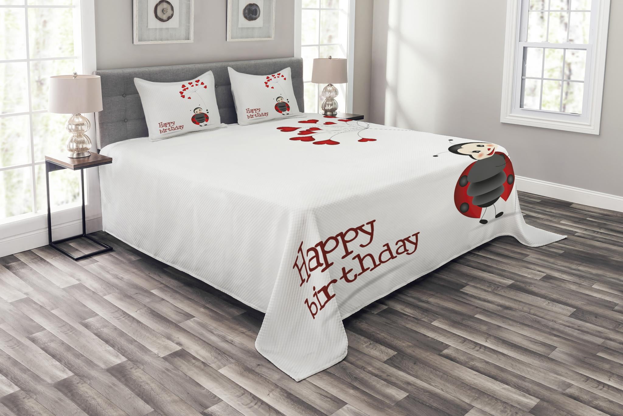 Kids Birthday Bedspread Set Ladybug Wings Flower Inspired Heart Shaped Celebration Balloons Decorative Quilted Coverlet Set With Pillow Shams Included Red Black And White By Ambesonne Walmart Com Walmart Com