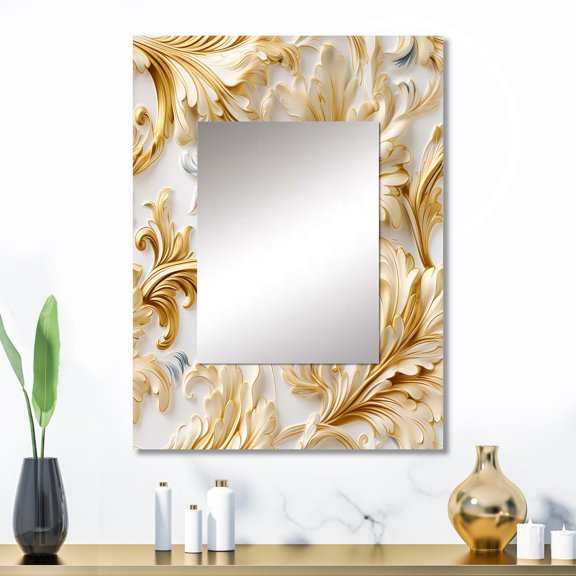Designart "Opulent White Gold Damask" Damask Wall Mirror, Printed Gold Wall Mirror, Bohemian Bathroom Wall Mirror, Decorative Damask Mirror - 24x32 Inch
