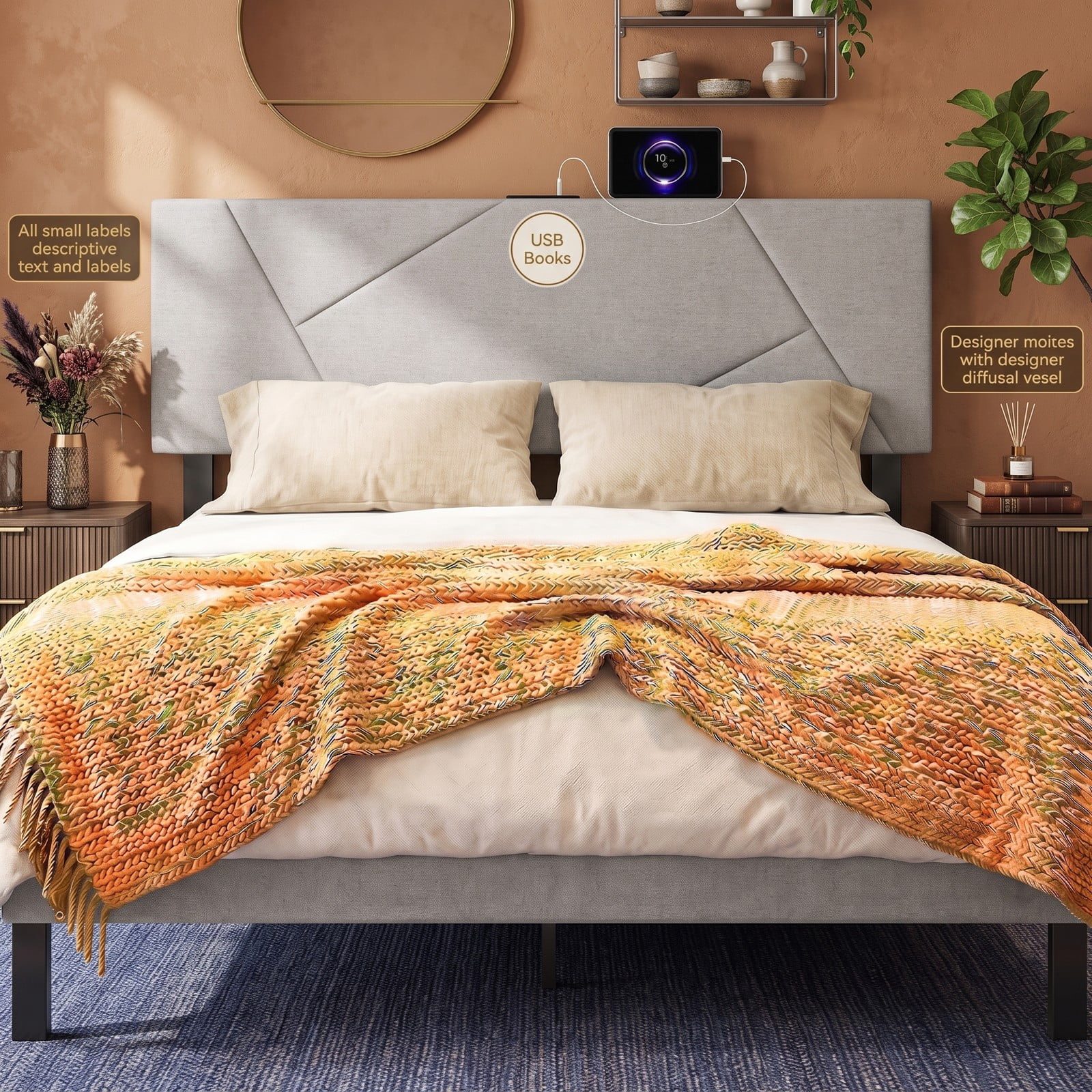 Furnibear Geometric Channel Upholstered Headboard with 2 AC Outlets and USB and Type-C Ports for Full and Queen Beds, Gray