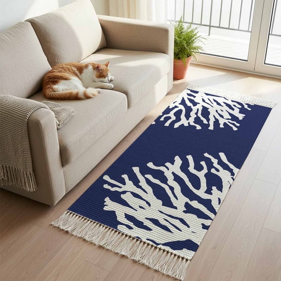 Coral Navy Blue Kitchen Runner Rug 2'x4', Coastal Ocean Marine Nautical Beach Washable Rug with Tassels, Non Slip Woven Cotton Bathroom Rugs Hallway Carpet for Foyer Bedroom Entry Back Door Decor