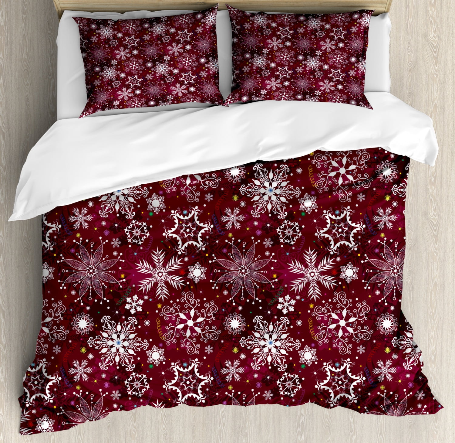 Winter Duvet Cover Set, Floral Flakes with Colorful Swirls Dots and