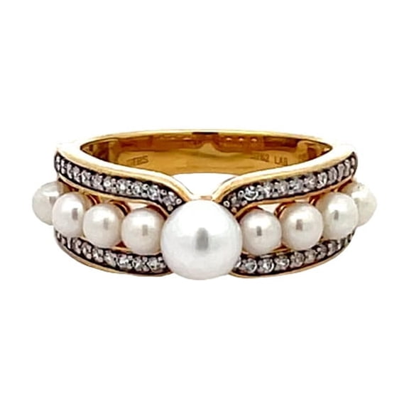Araiya Fine Jewelry 10K Yellow Gold Round-shape Diamond Pearl Promise Band Ring (1/5 Cttw, I-J Color, I2-I3 Clarity) Size 6