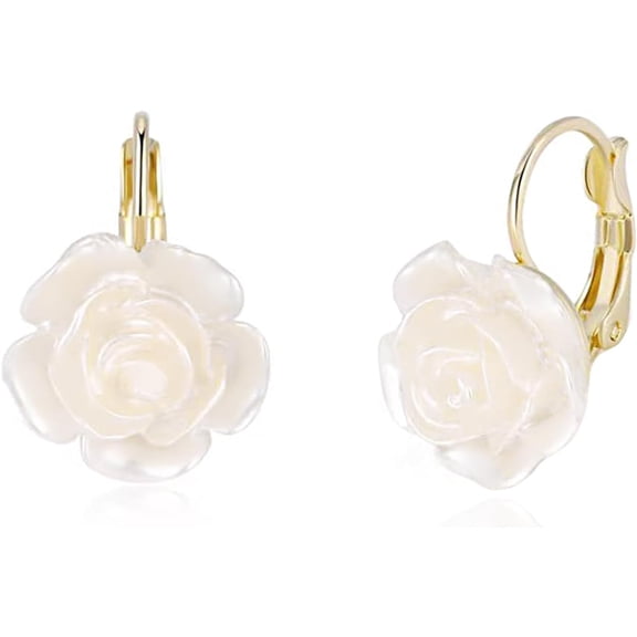 YMCSTONEMA White Rose Flower Leverback Earrings For Women Gold Plated Resin Camellia Floral Dangle Drop Huggie Hoop Earring Dainty Elegant Wedding Mother'S Day Birthday Jewelry Gifts[eo6393]