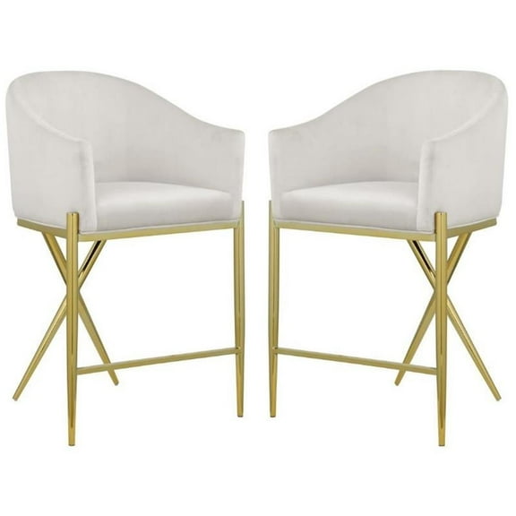 Home Square Cream Velvet Counter Stool with Gold Metal Legs - Set of 2