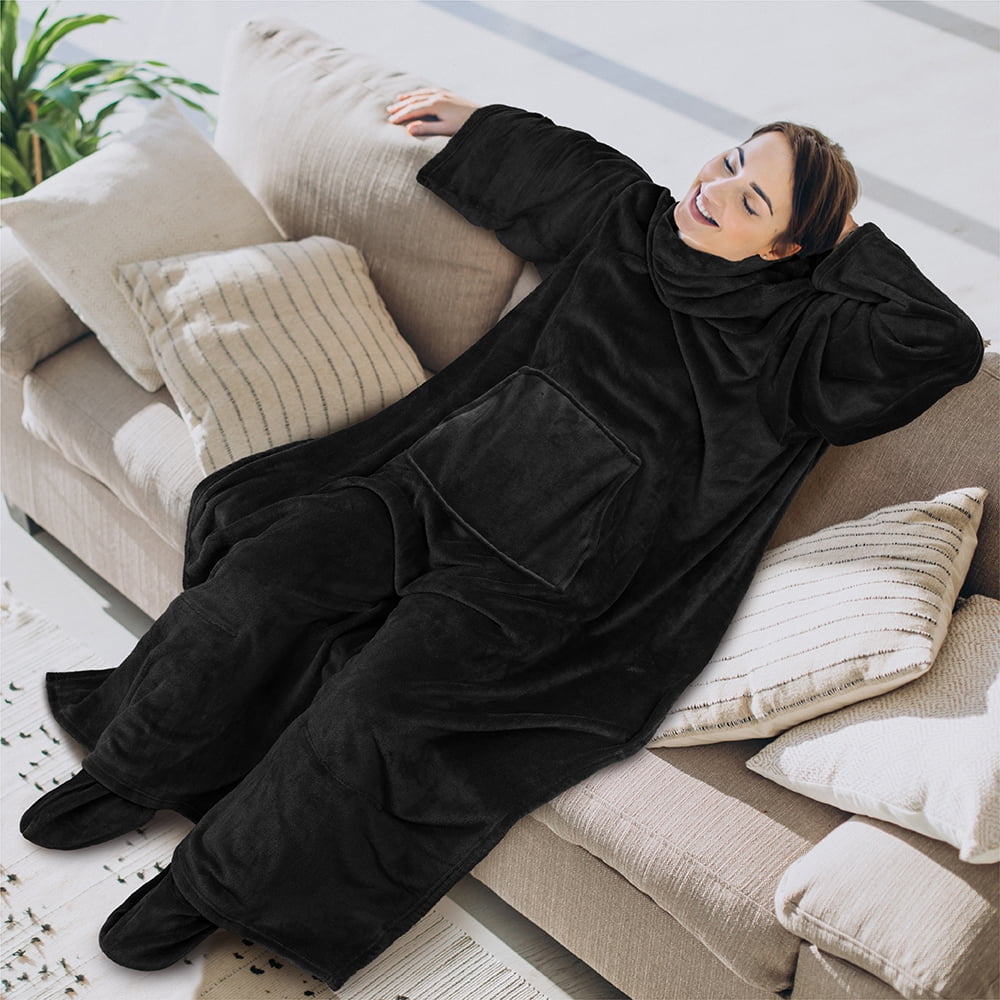 PAVILIA Fleece Blanket with Sleeves, Foot Pockets for Women Men Adults, Plush Wearable Blanket Throw Wrap, Warm Snuggle Blanket Robe, Cozy Gift Ideas Wife Mom, Black