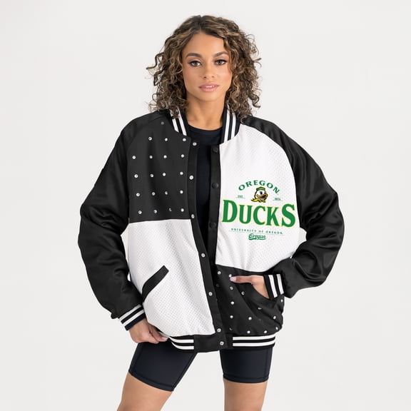 Women's Gameday Couture Black Oregon Ducks Oversized Inner Drive Varsity Rhinestone Full-Snap Bomber Jacket