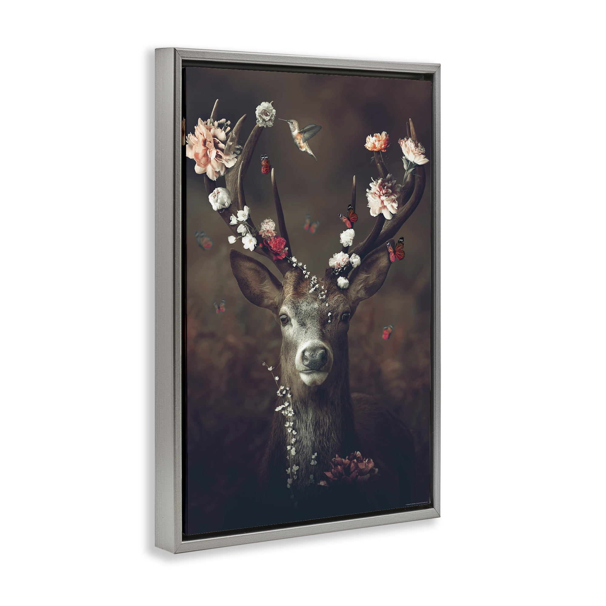 Stupell Industries Flower Bedecked Antlers Animals Painting Gray Floater Framed Canvas Art Print Wall Art, 21 x 31