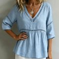 thumbnail image 6 of Women's V Neck T Shirts 3/4 Sleeve Blouse Summer Tops Dressy Casual Loose Fit Basic Tees by Yigetop Sky Blue M, 6 of 6