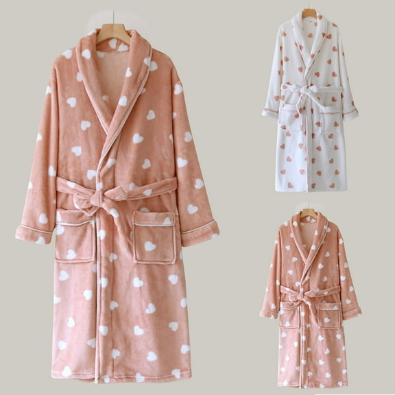 YHAJDS Women Winter Casual Pajama Suits,Sleepwear for Women,Women's Pajama Sets Sleep Set Solid Color Heart Print Fleece Warm Thick Long Sleeve Robe With Belt Home Wear for Winter