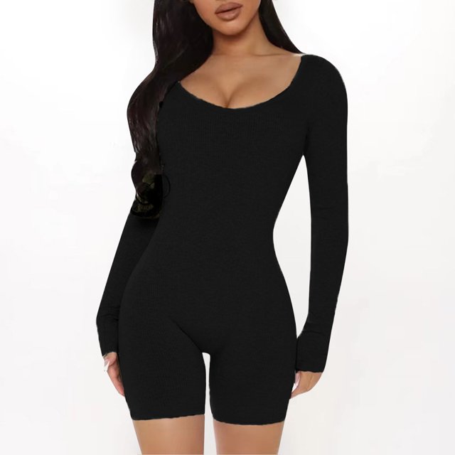 LOVZFMLL Combinaison Slim à Manches Longues et Col Bas pour Femmes Noir m