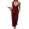 thumbnail image 2 of Women's Wide Leg Sets Deep Neck Camisole Tank Tops Matching 2 Piece Set Pants Outfit Top Wine Red S, 2 of 7