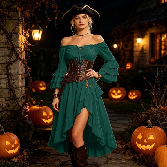 WAYUTE Pirate Costume for Women Off The Shoulder Flared Sleeve Solid Color Asymmetrical Ruffle A Line Dress Party Outfit Halloween Theme Events