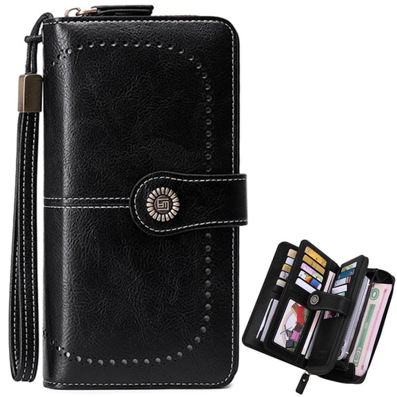 Ogetok Black Wristlet Wallet for Women PU Leather Clutch with Detachable Strap Large Capacity Retro Buckle Compact Purse for Everyday