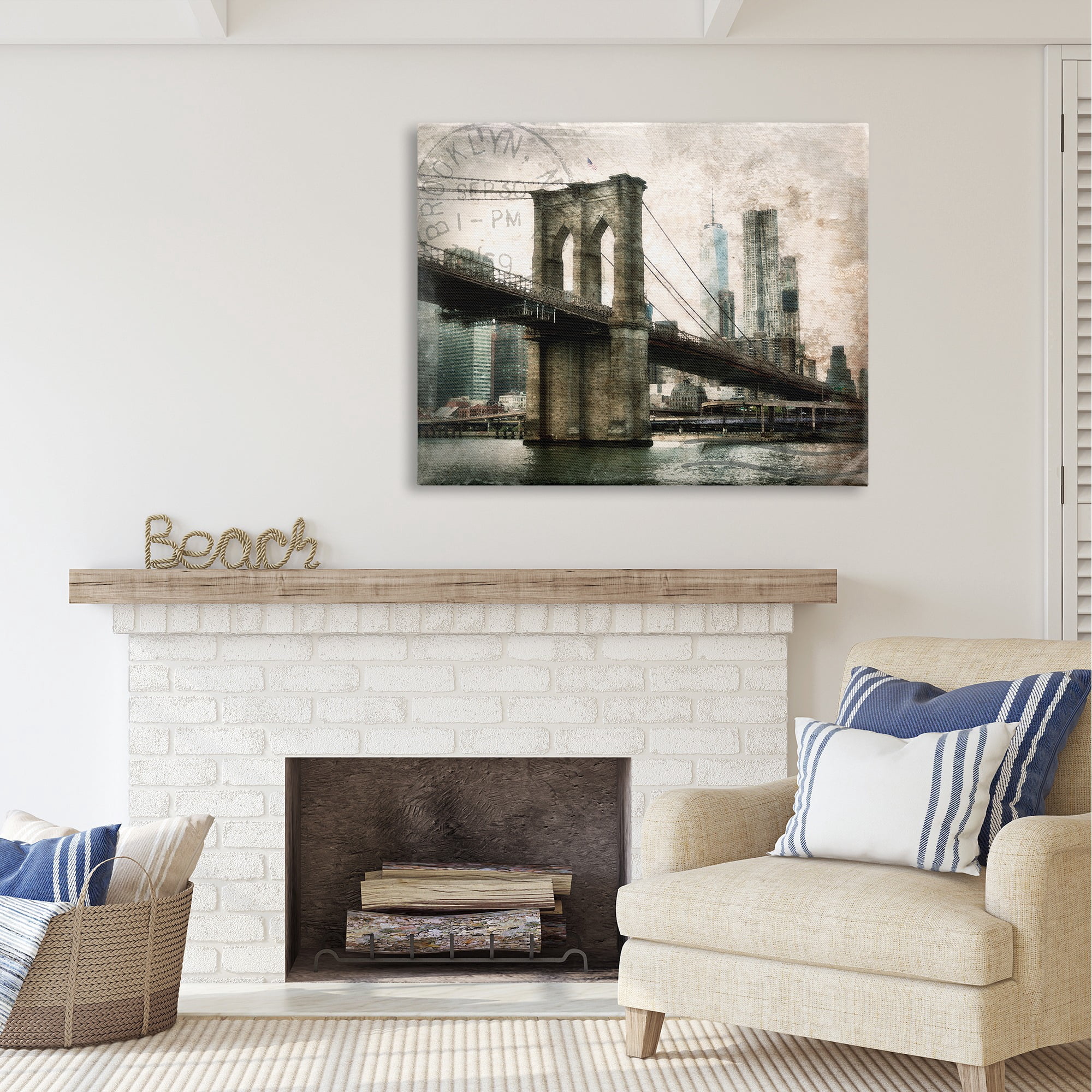 Stupell Industries Vintage Brooklyn Bridge Abstract Painting Gallery Wrapped Canvas Art Print Wall Art, 48 x 36