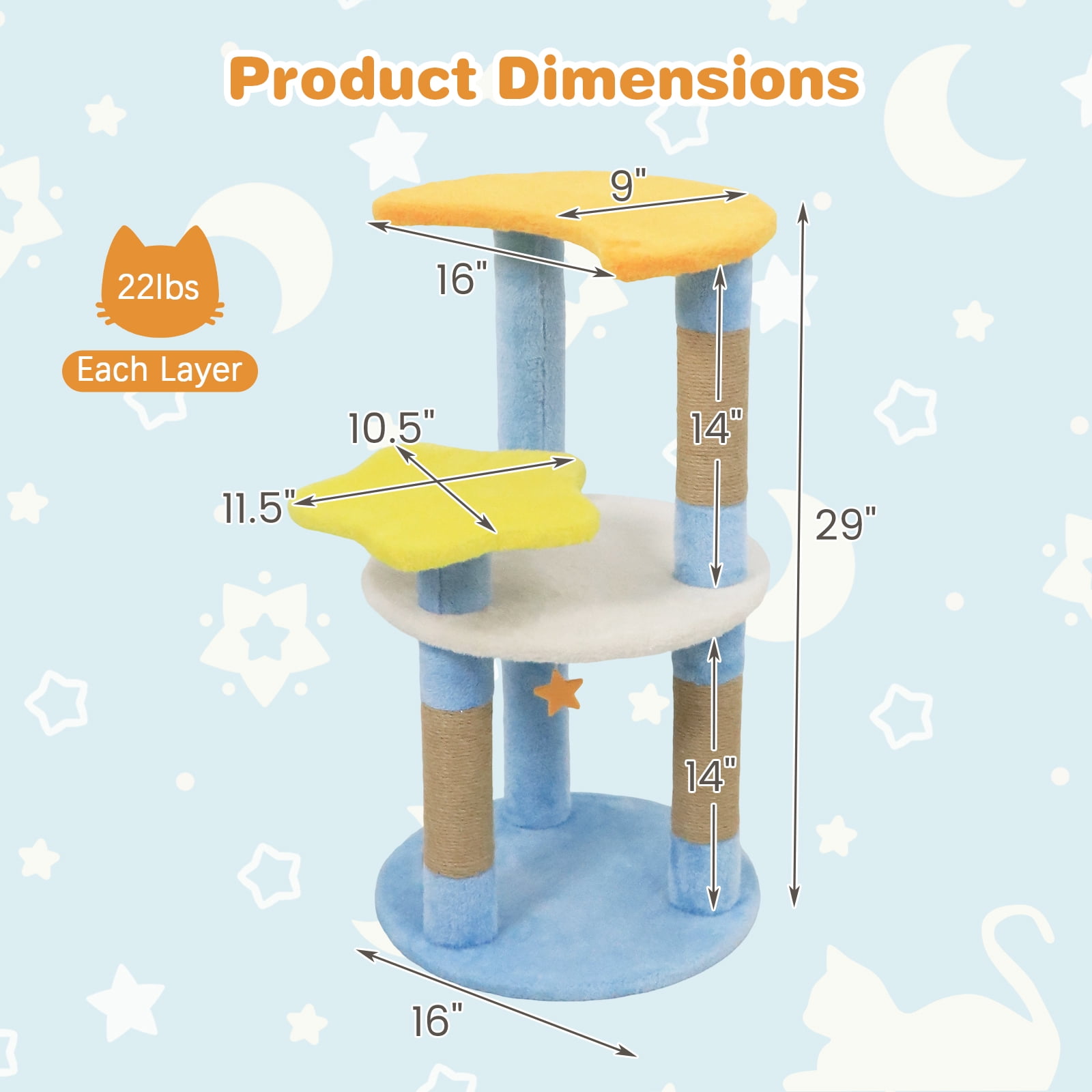 Costway 29” Cute Modern Cat Tree with Star & Moon Shaped Platforms, Jute Scratching Posts Blue