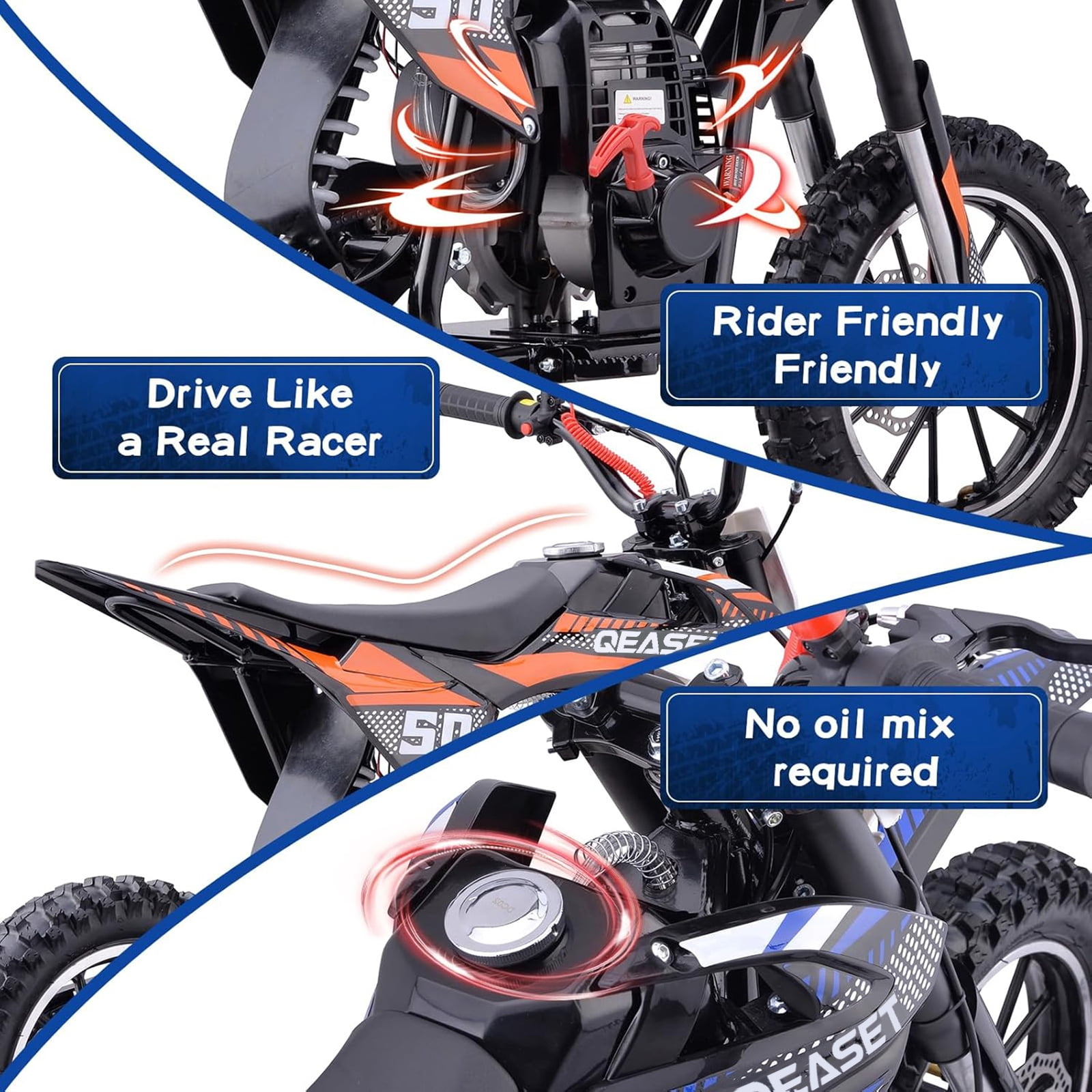 QEASET Gas Mini Dirt Bike, 39.4 CC 4-Stroke Dirt Bike, Rear Shock Absorber, Metal Frame, Disc Brakes, Max Load 165Lbs, Up to 20Mph, No Oil Mix Require, Orange