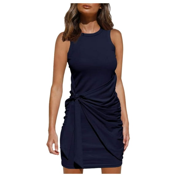 QLEICOM Women's 2023 Summer Dress Casual Sleeveless Round Neck Tight-fitting Mini Dress Beach Sundress Mini Flared Tank Dress Navy XXL, US Size:12