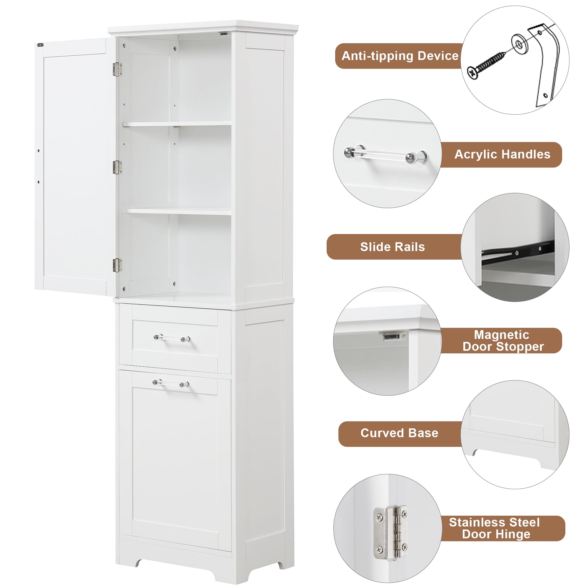 ALEXLOGER 68.1"/68.4" Tall Bathroom Storage Cabinet with 1 Door and 2 Drawers, Freestanding Linen Cabinet, Wooden Pantry with Adjustable Shelf for Kitchen, Bathroom, Living Room