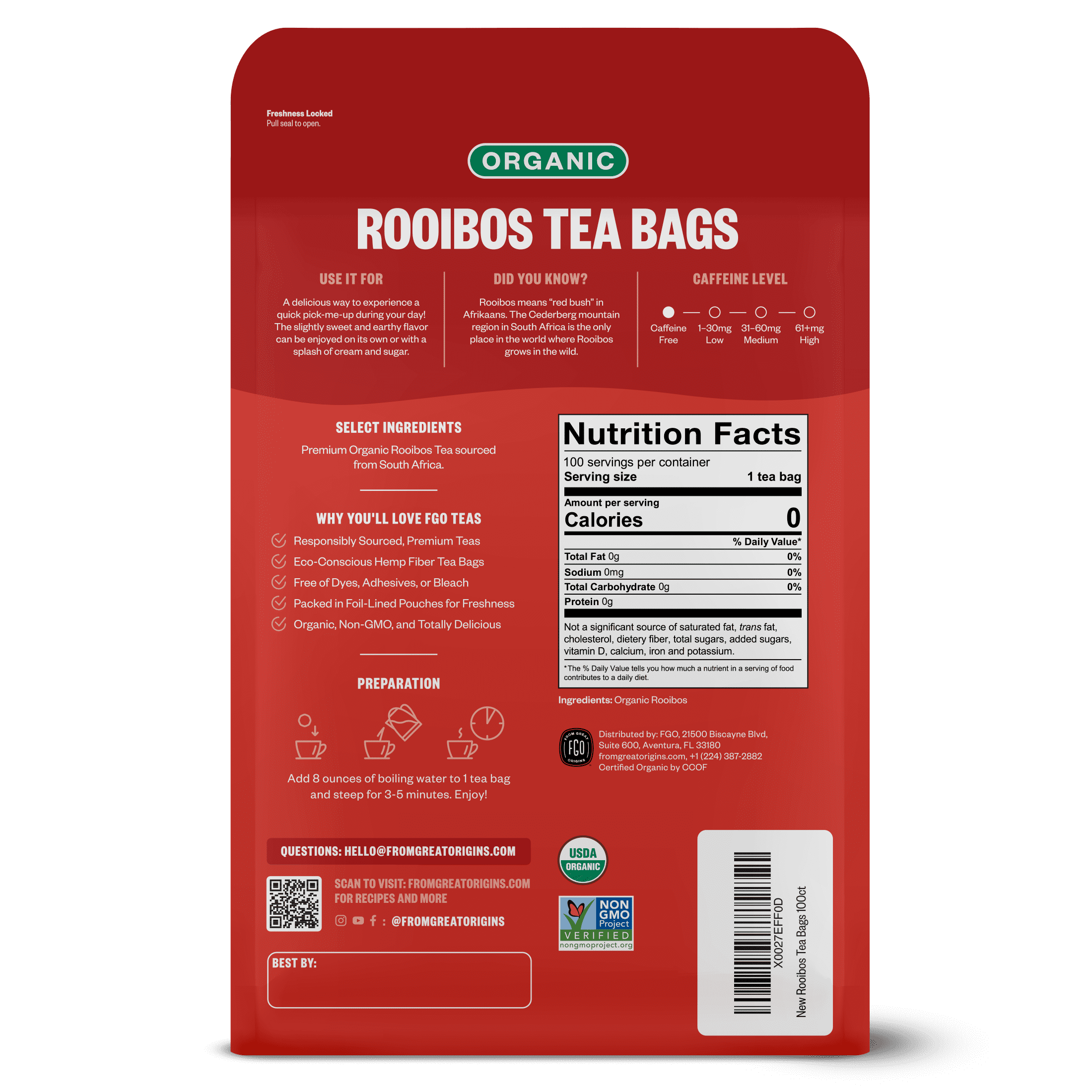 FGO Rooibos Tea, Organic, Eco-Conscious Tea Bags (100 Count)