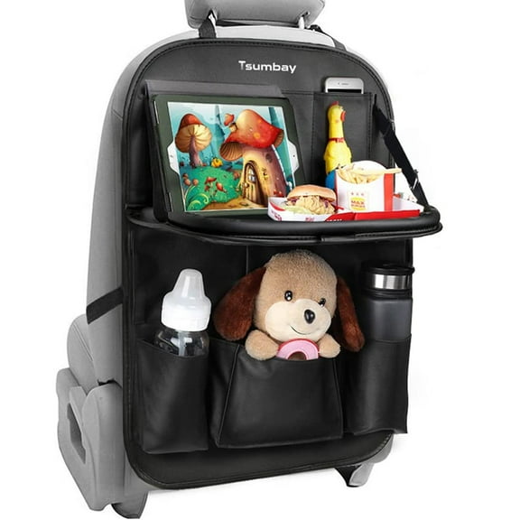 Tsumbay 1 Pack Car Back Seat Organizer PU Leather with Tablet Holder   9 Storage Pockets, Foldable Table Tray, 24.41"L x 16.54"W