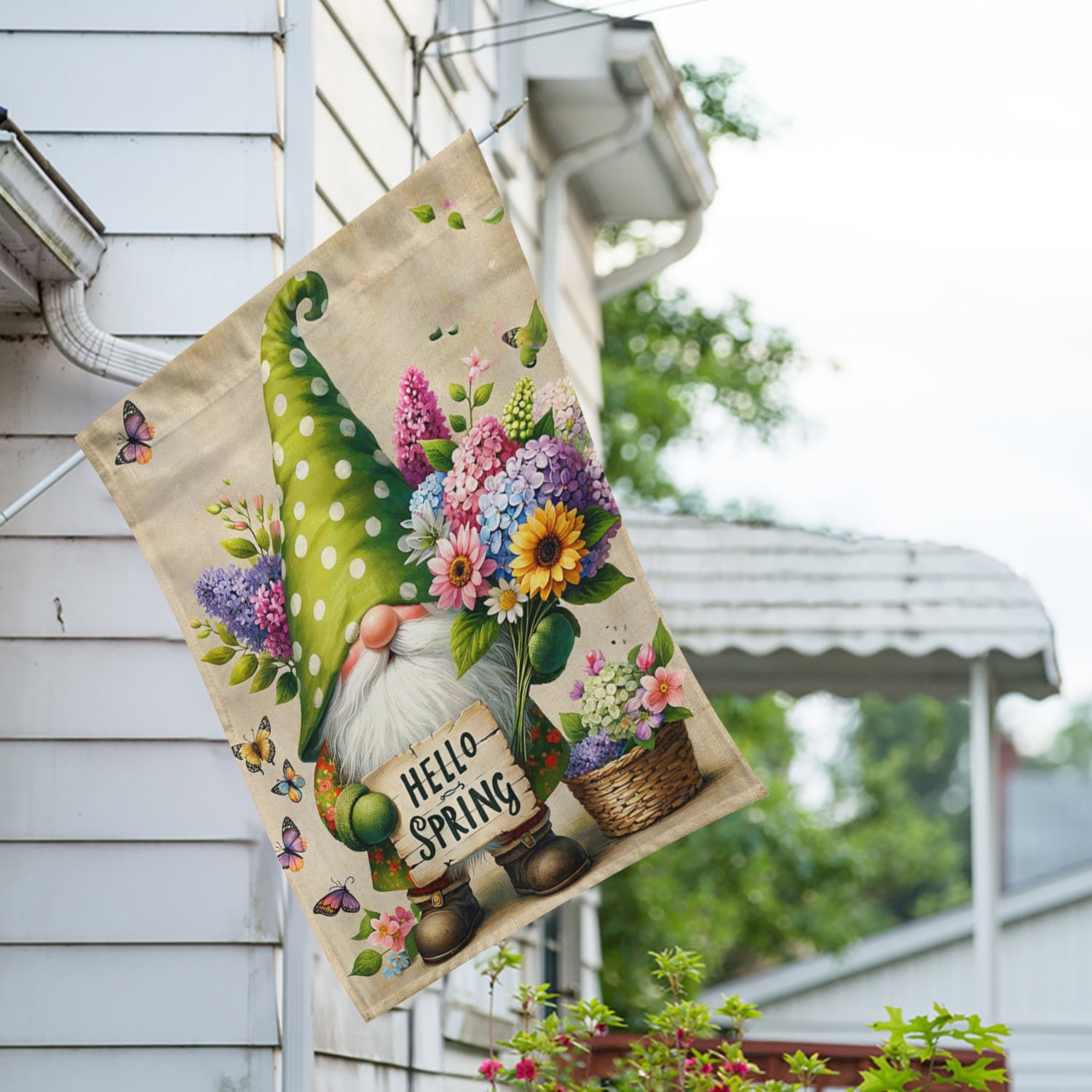 America Forever Hello Spring Gnome House Flag 28x40 inch Double Sided, Polka Dot Gnome Hat, Geranium Flowers, Butterfly Floral Garden Yard Flags for Outdoor Decoration, Seasonal Spring Home Decor