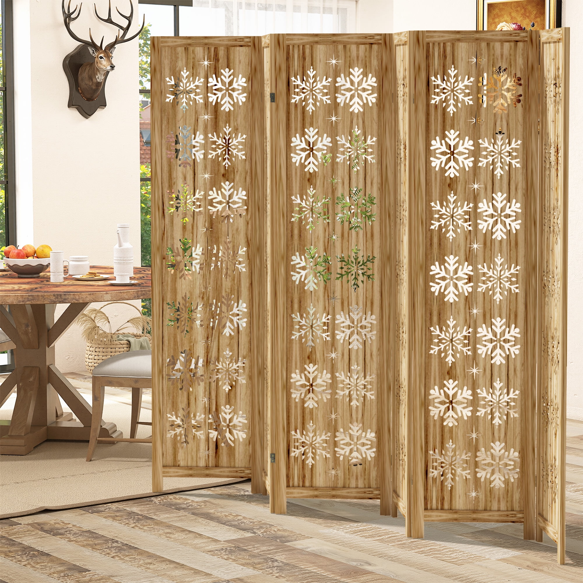MAYEERTY 6-Piece 67×16" Natural Wood Privacy Panel Screen for Living Room, Snowflake Pattern