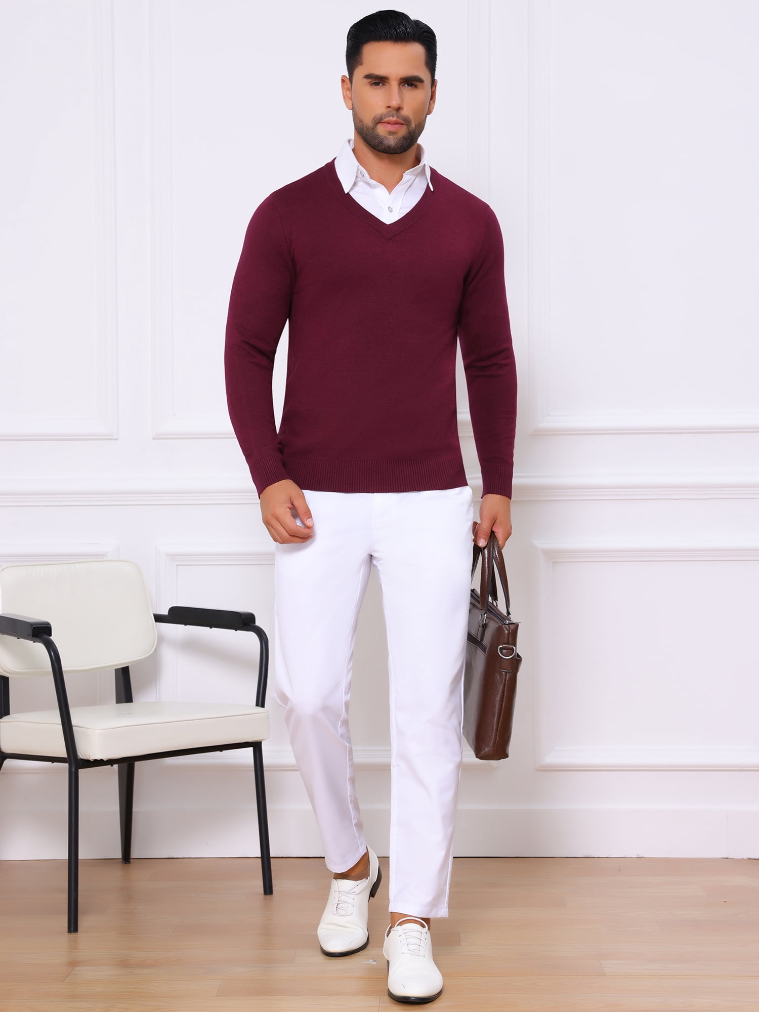 DARING DIVA Men's Long Sleeve V-Neck Solid Knitted Pullover Sweater S Burgundy