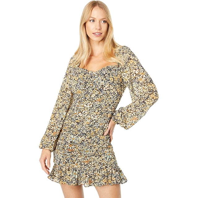 Astr The Label Womens Marcella Printed Ruched Ruffled Mini Dress, Yellow/M