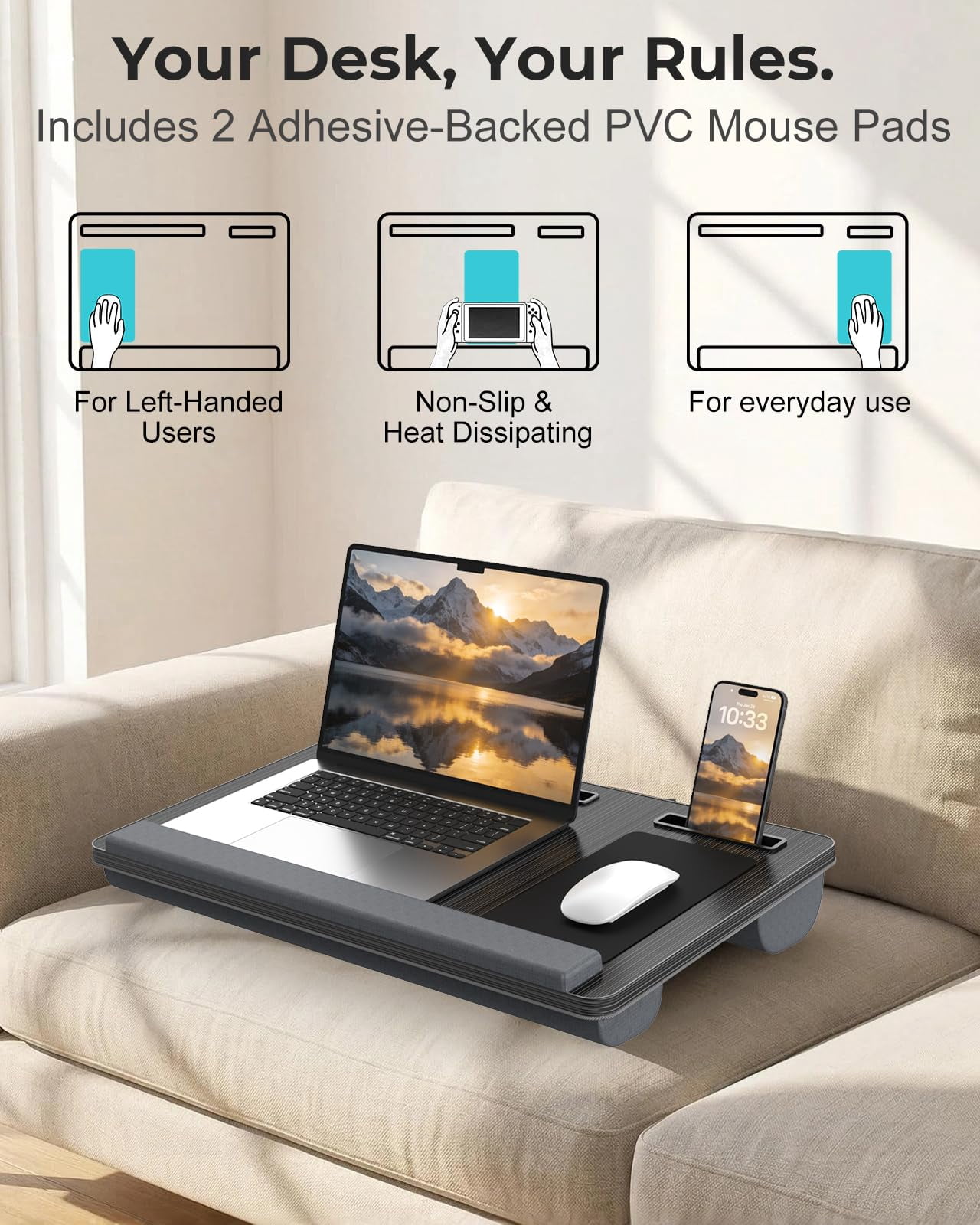 Lap Desk - Up To 17" Laptop With Wrist Rest  Portable Handle 2 Self-adhesive Pvc Mouse Pads Tablet & Phone Slots Stand For Bed Cushion (black)