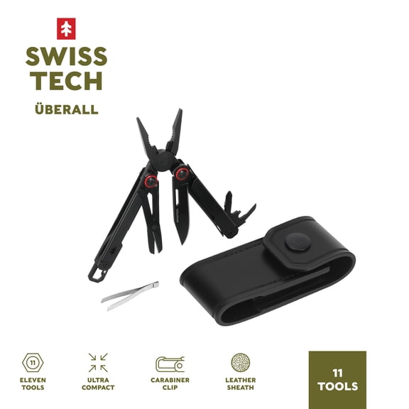 Swiss Tech Uberall 11-in-1 Folding Mini Multi-Tool Ultra Compact with Leather Sheath, Multi-Function