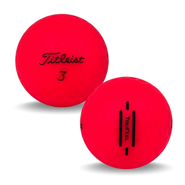 36 Titleist TruFeel Mat 5A Rouge par Mulligan Golf Balls, Mettant en Vedette des Balles de Golf Usagées Rouge Vif au Toucher Doux et au Contrôle excellent. Ces Balles Recyclées Sont Idéales pour la Pratique Ou le Jeu Décontracté, Offrant Durabilité et Abordabilité. Deux Balles de Golf Sont Exposées, l'Une Mettant en Vedette le logo Titleist et le Numéro 3, et l'Autre Mettant en Valeur la Marque TruFeel.