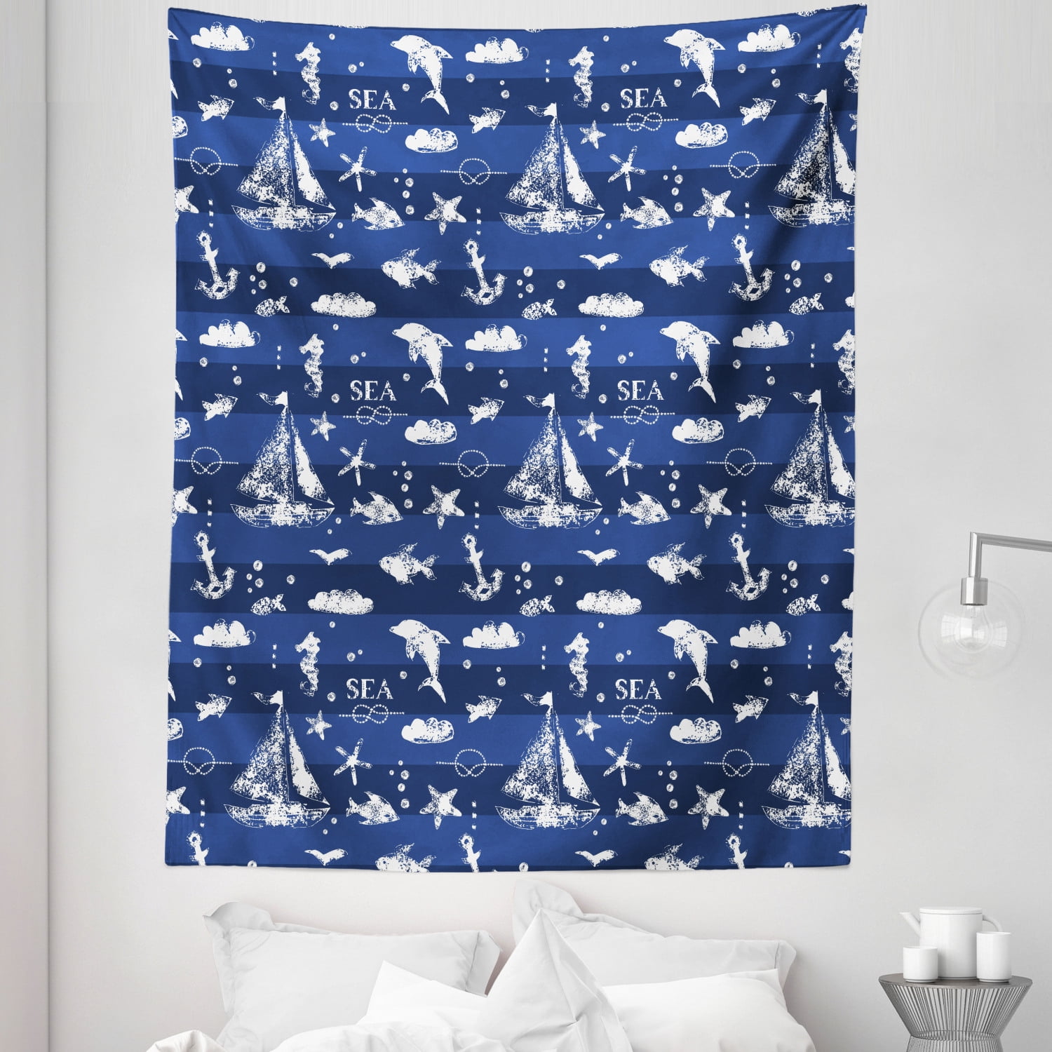 Navy Blue Tapestry, Sailboat Vertical Stripe Pattern Anchor Fishes Gulls Paint Effect Nautical ...
