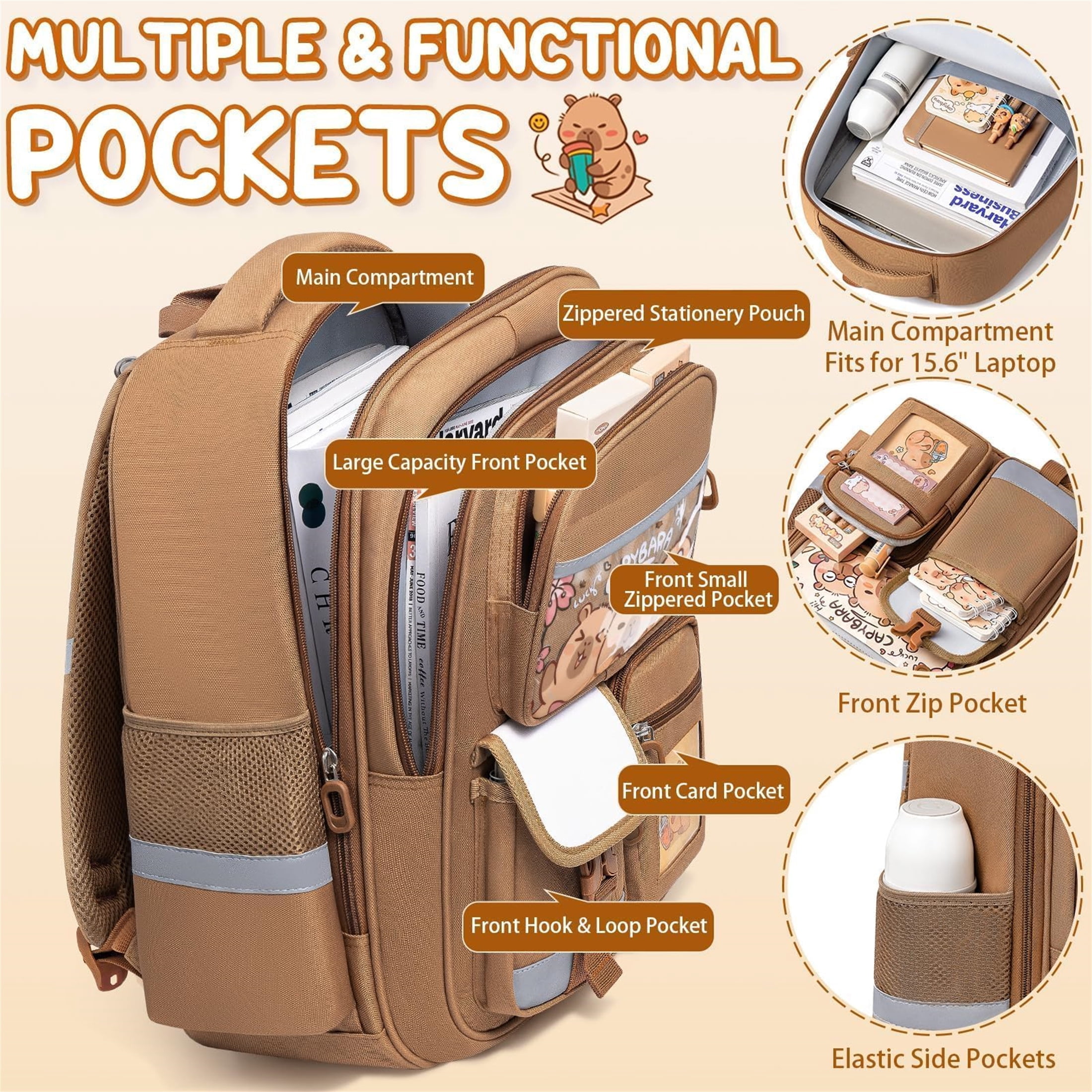 28PCS Kawaii Capybara Backpack with Pencil Case & Stationery Set